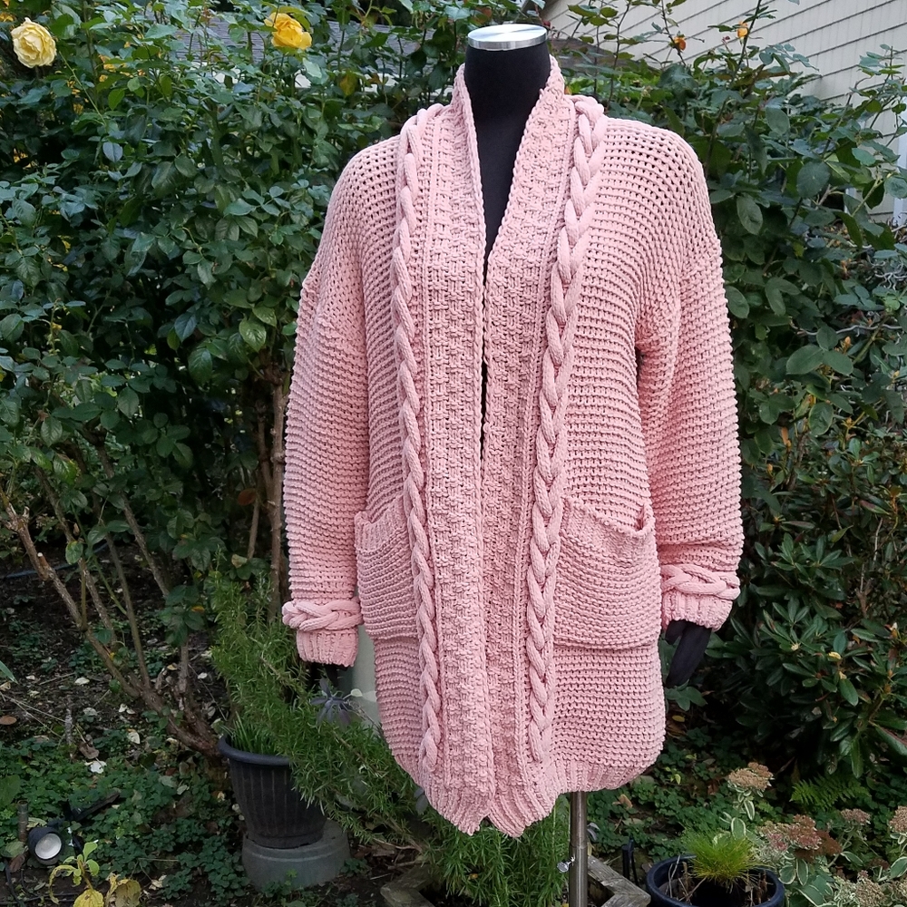 Tricia Relaxed Open Front Long Line Braided Knit Cardi Peach Sweater Sm-Md NWT